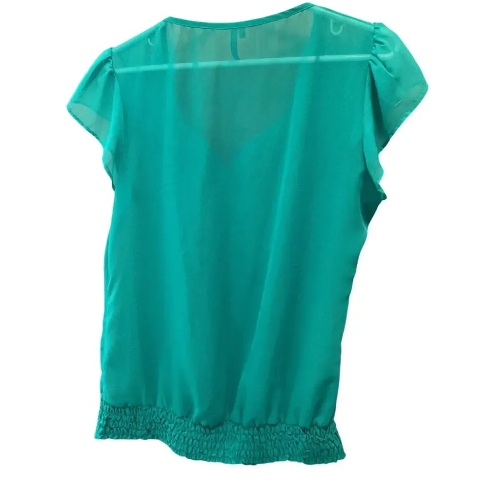 Maurices Semi Sheer Blouse Top Size Medium Green Cap Sleeve